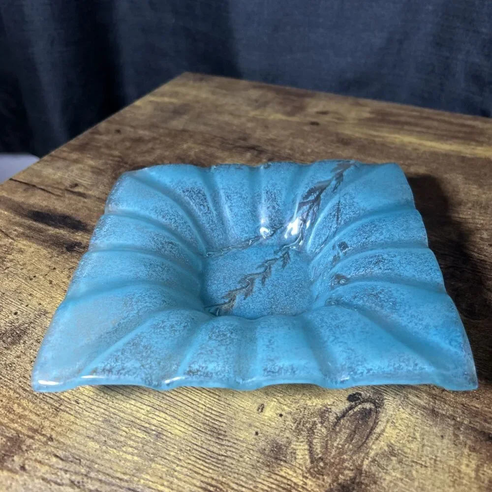 Coastal Aqua Teal Textured Glass Dish Square 6.5x6.5' Sea Inspired Accent Plate